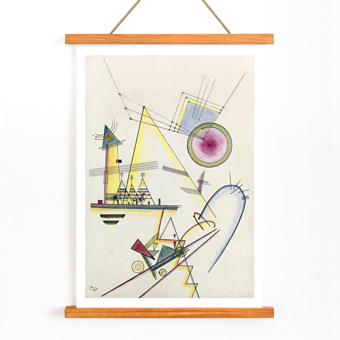 Abstract geometric shapes and lines in Zartes Gemut Delicate Soul by Wassily Kandinsky poster wall art, with wooden magnetic frame on white background