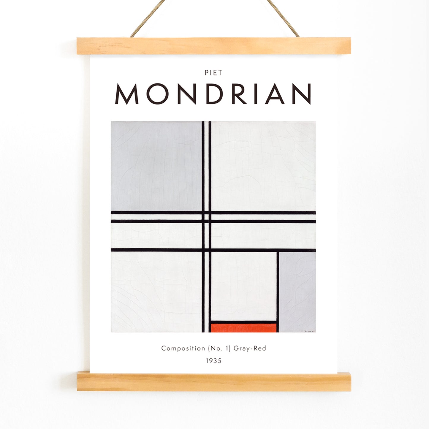 Geometric abstract artwork poster with black lines and color blocks by Piet Mondrian Composition No 1 Gray-Red, with wooden magnetic frame on white background