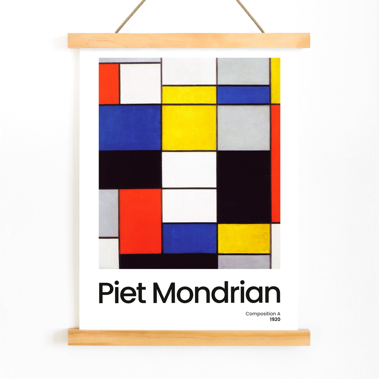 Abstract geometric art poster with colorful squares and rectangles by Piet Mondrian Composition A modern wall decor, with wooden magnetic frame on white background