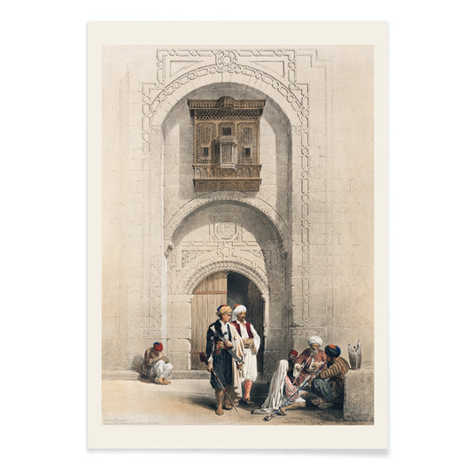 Modern mansion with arabesque architecture in Cairo by David Roberts featuring people in traditional attire poster, with black aluminium frame on white background