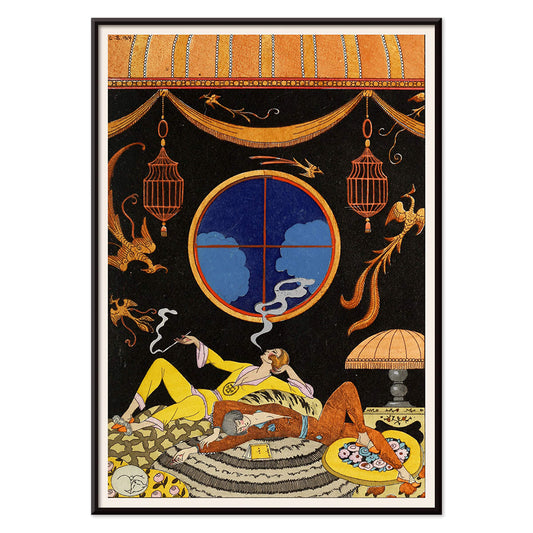 Elegant Art Deco interior with two figures lounging Falbalas et fanfreluches La paresse by George Barbier, with black aluminium frame on white background
