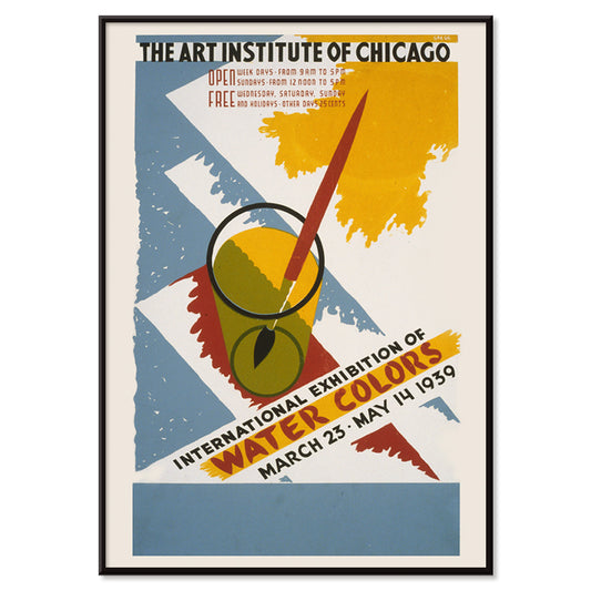 Colorful poster art for International exhibition of water colors by Arlington Gregg featuring paintbrush watercolor palette abstract brush strokes and a paintbrush in a glass, with black aluminium frame on white background