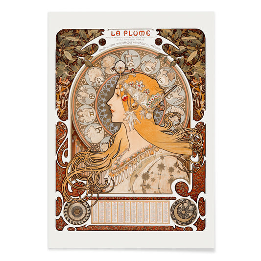 Art Nouveau poster Zodiaque or La Plume by Alphonse Maria Mucha featuring a woman with long hair and zodiac symbols, with black aluminium frame on white background