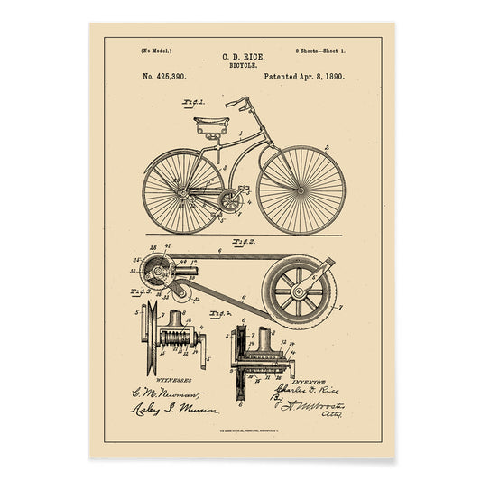 Bicycle technical illustration and mechanical parts drawing by C D Rice from Bicycle patent displayed on vintage background, with black aluminium frame on white background