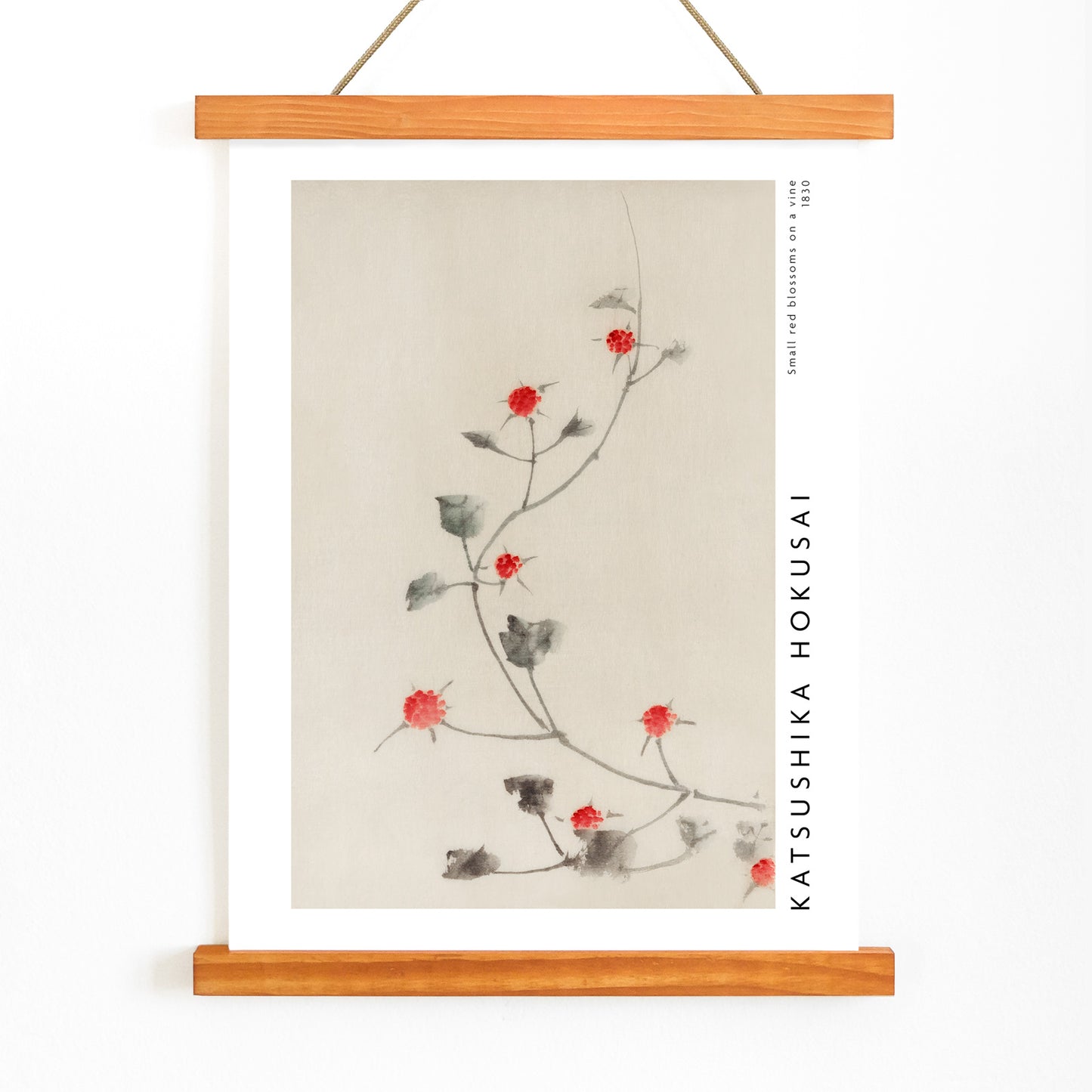Small Red Blossoms on a Vine artwork by Katsushika Hokusai featuring delicate red flowers and green leaves on a light background, with wooden magnetic frame on white background