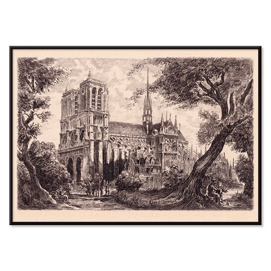 Artistic poster of Notre Dame de Paris cathedral surrounded by trees and people in a scenic landscape, with black aluminium frame on white background