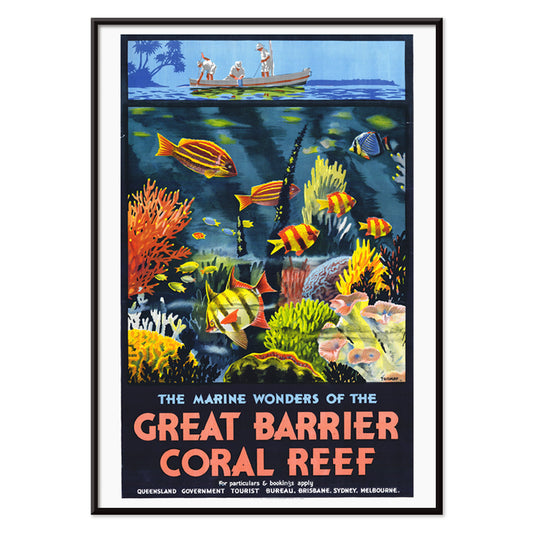 Colorful coral reef and tropical fish with people in a boat above artwork The Marine Wonders of the Great Barrier Coral Reef by Percival Albert Trompf, with black aluminium frame on white background