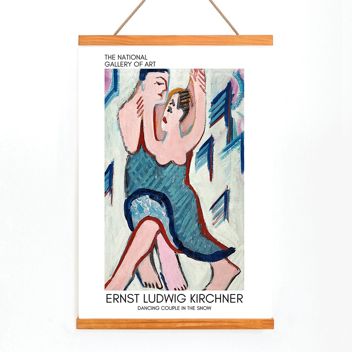 Dancing Couple in the Snow by Ernst Ludwig Kirchner vibrant expressive painting of a couple embracing and dancing in a snowy scene, with wooden magnetic frame on white background