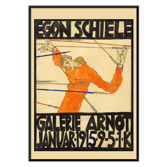 Expressionist poster by Egon Schiele featuring a contorted orange figure with bold black text Schiele-Ausstellung in der Galerie Arnot, with black aluminium frame on white background