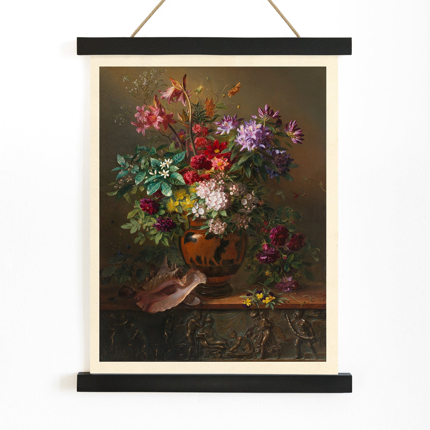 Vibrant spring flowers in a Greek vase Still Life with Flowers in a Greek Vase Allegory of Spring by Georgius Jacobus Johannes van Os poster vibrant bouquet artwork, with wooden magnetic frame on white background