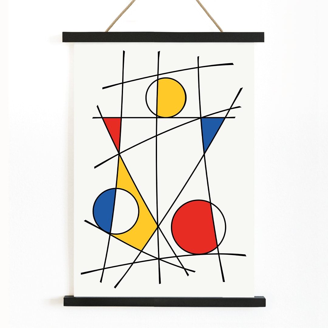 Abstract artwork by Geometric Lines and colors 3 with intersecting black lines and vibrant geometric shapes in red blue and yellow, with wooden magnetic frame on white background