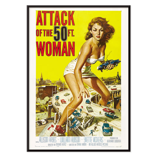 Giant woman towering over city and highway holding cars Attack of the 50ft Woman poster artwork by Reynold Brown, with black aluminium frame on white background