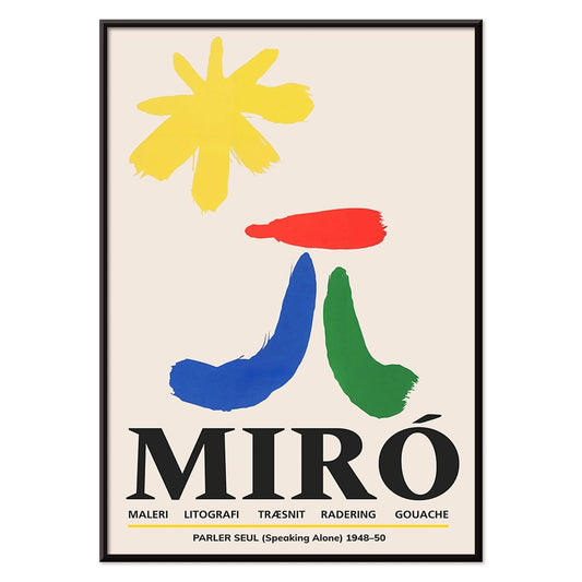 Parler Seul exhibition poster by Joan Miro with abstract colorful shapes on a light background, with black aluminium frame on white background