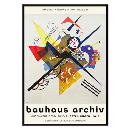 Abstract artwork Auf Weiss II by Wassily Kandinsky with geometric shapes and vibrant colors displayed at Bauhaus exhibition and featured on Bauhaus Archiv poster for Gestalt exhibition at Berlin museum, with black aluminium frame on white background