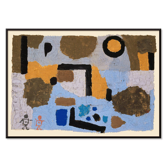 Abstract geometric art in blue and brown earthy tones by Paul Klee titled With the Two Lost Ones poster, with black aluminium frame on white background