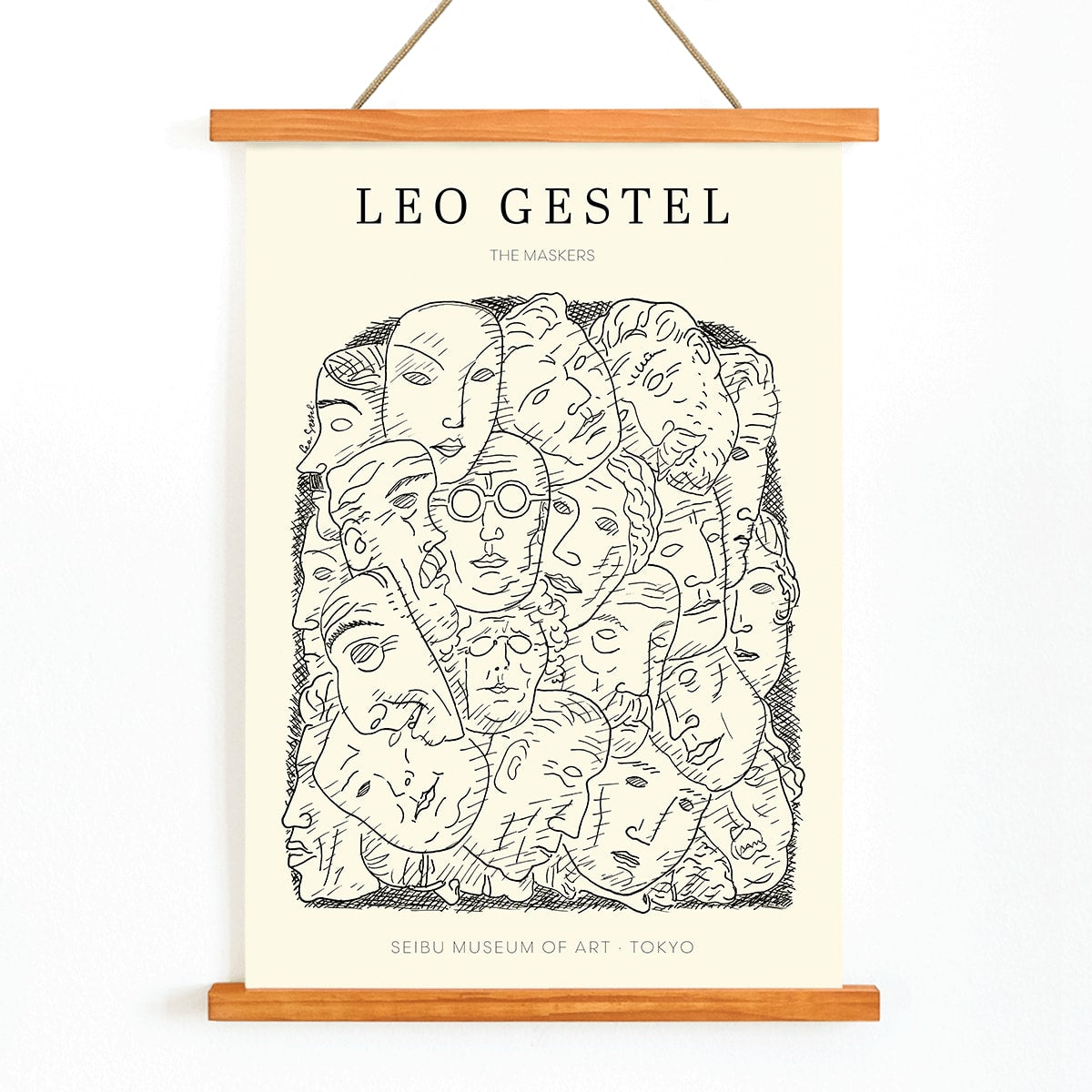 Leo Gestel Maskers artwork and poster featuring abstract faces and post-impressionist style exhibited at Seibu Museum of Art Tokyo, with wooden magnetic frame on white background