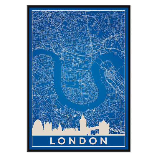 Minimalist London map artwork poster with blue background white map details by artist Anonymous featuring major landmarks, with black aluminium frame on white background