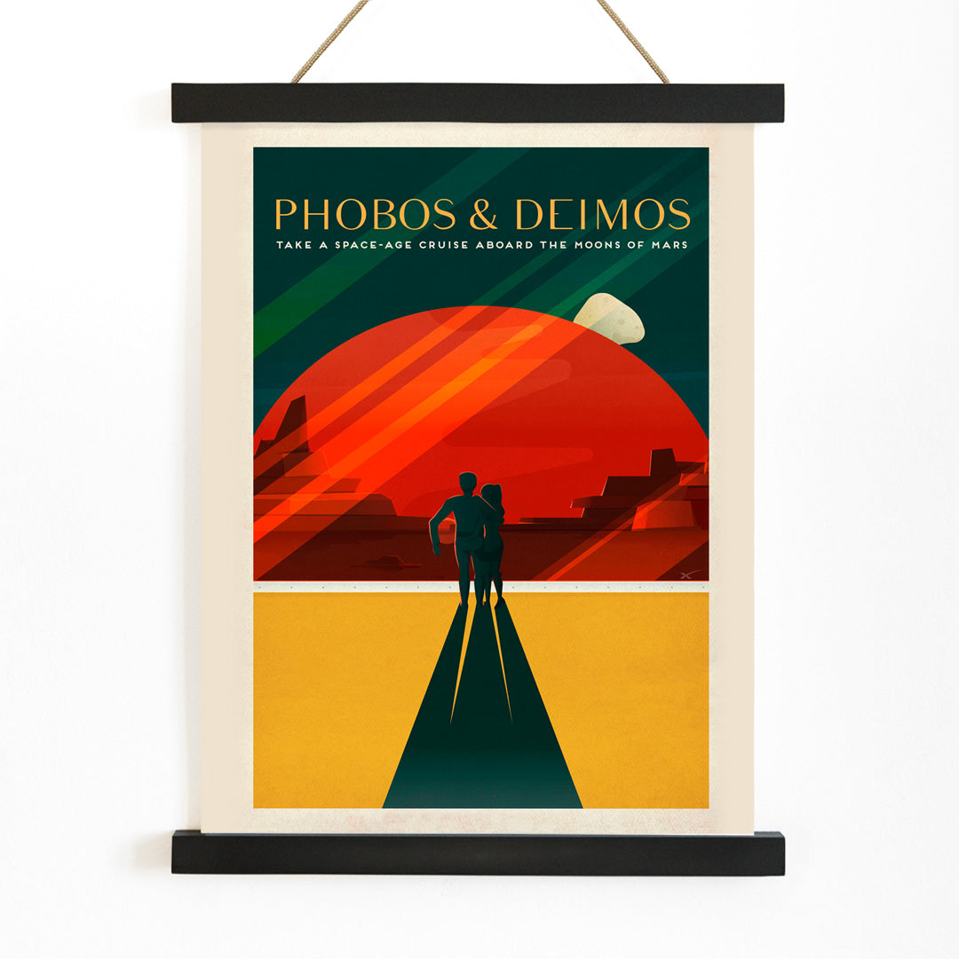 Couple walking toward red Mars landscape with moons Phobos and Deimos by SpaceX in retro style poster, with wooden magnetic frame on white background
