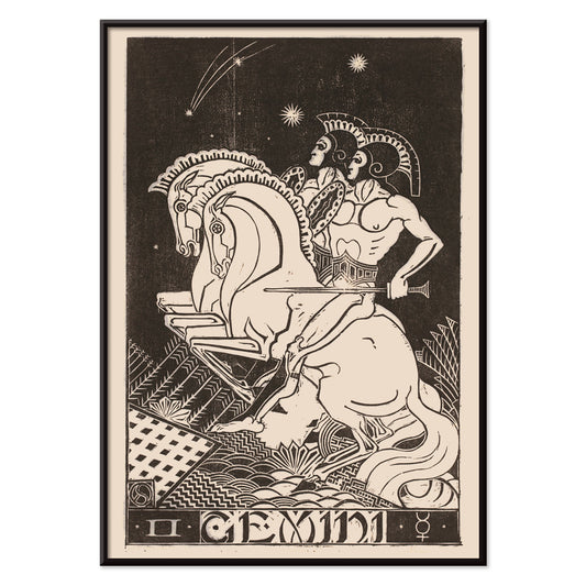 Gemini zodiac artwork by Henri van der Stok featuring two figures with chariot and horses under stars detailed black and white illustration, with black aluminium frame on white background