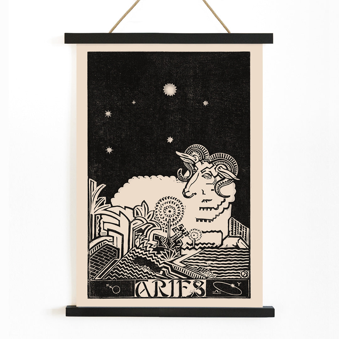 Aries constellation and artistic ram illustration by Henri van der Stok with stylized landscape and stars Zodiac signs Aries poster, with wooden magnetic frame on white background