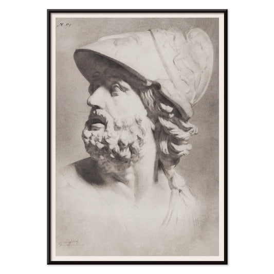 Roman head with helmet by Gerrit Willem Dijsselhof realistic pencil drawing of bearded man classical sculpture artwork poster, with black aluminium frame on white background