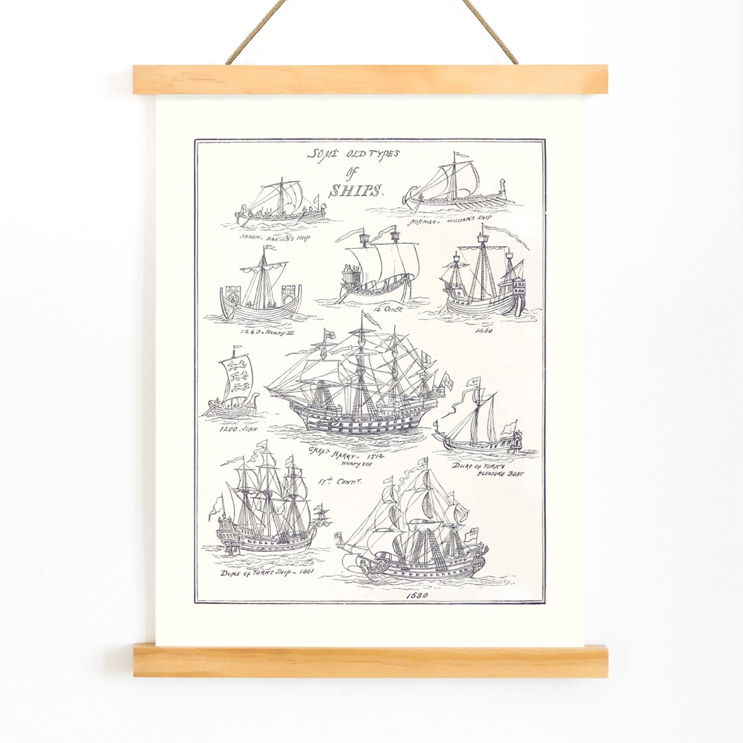 Historic ship illustrations and detailed pen sketches from Sea Pictures drawn with pen and pencil by James Macaulay, with wooden magnetic frame on white background