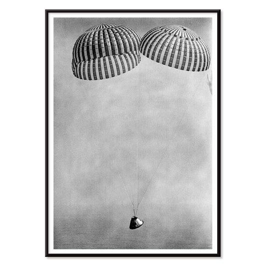 Apollo 9 spacecraft with astronauts McDivitt Scott and Schweickart descending toward Atlantic splashdown with parachutes NASA recovery poster, with black aluminium frame on white background
