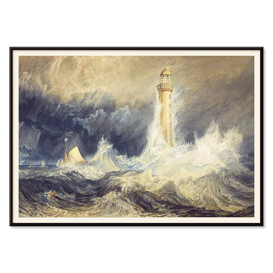 Bell Rock Lighthouse painting by Joseph Mallord William Turner showing a lighthouse in stormy seas with towering waves and a sailboat, with black aluminium frame on white background
