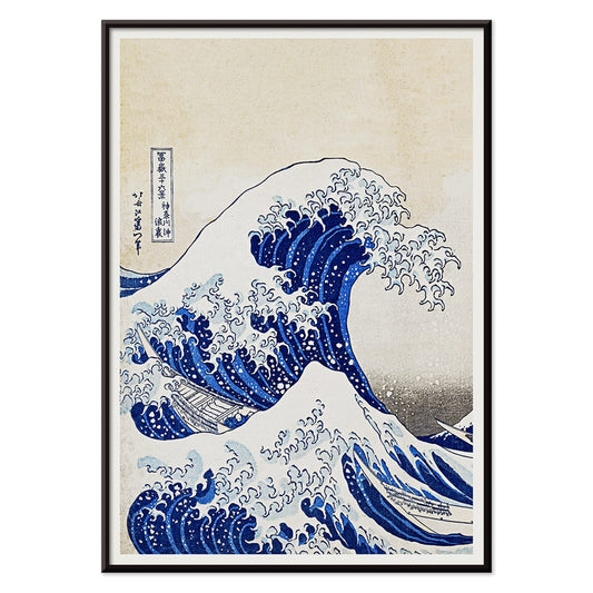 The Great Wave off Kanagawa by Katsushika Hokusai showing a dramatic large wave threatening small boats with Mount Fuji in the background, with black aluminium frame on white background