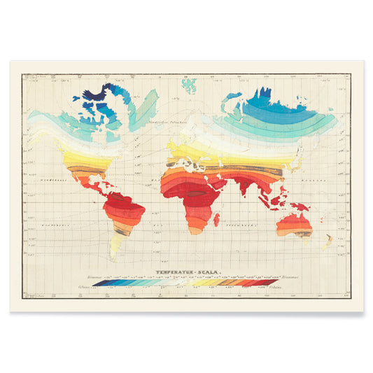Colorful vintage world map of global climate and temperature zones by Wilhelm Ebel, with black aluminium frame on white background