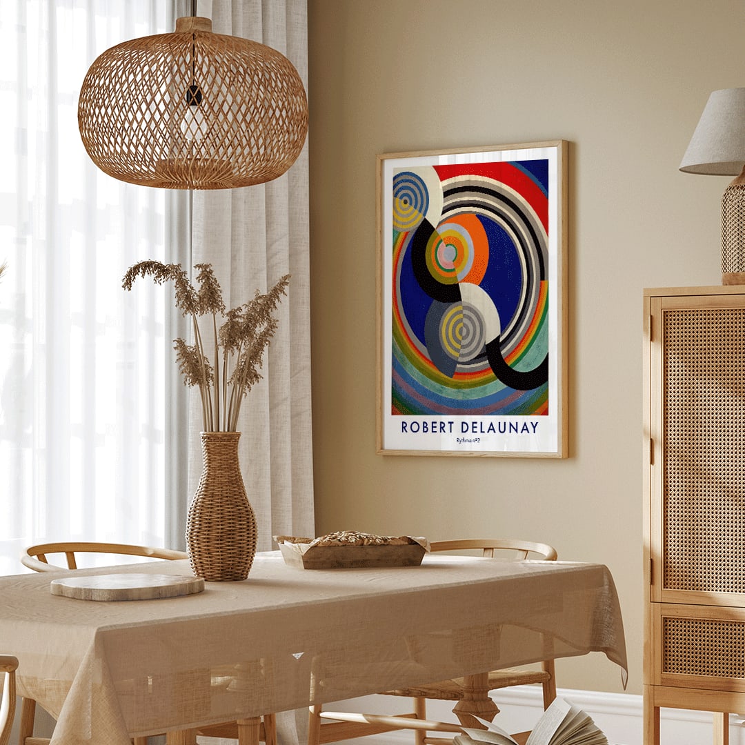 Colorful abstract concentric circles and curves painting poster Rythme n2 by Robert Delaunay, framed and displayed in home decor