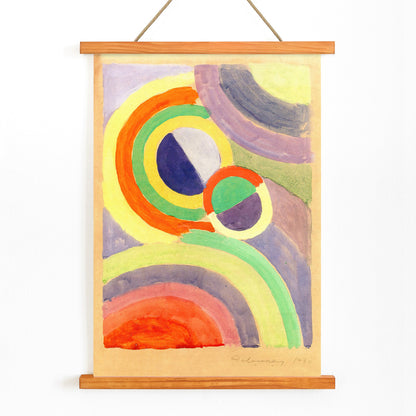 Abstract colorful circular forms and geometric shapes painting by Robert Delaunay titled Composition poster for wall decor, with wooden magnetic frame on white background