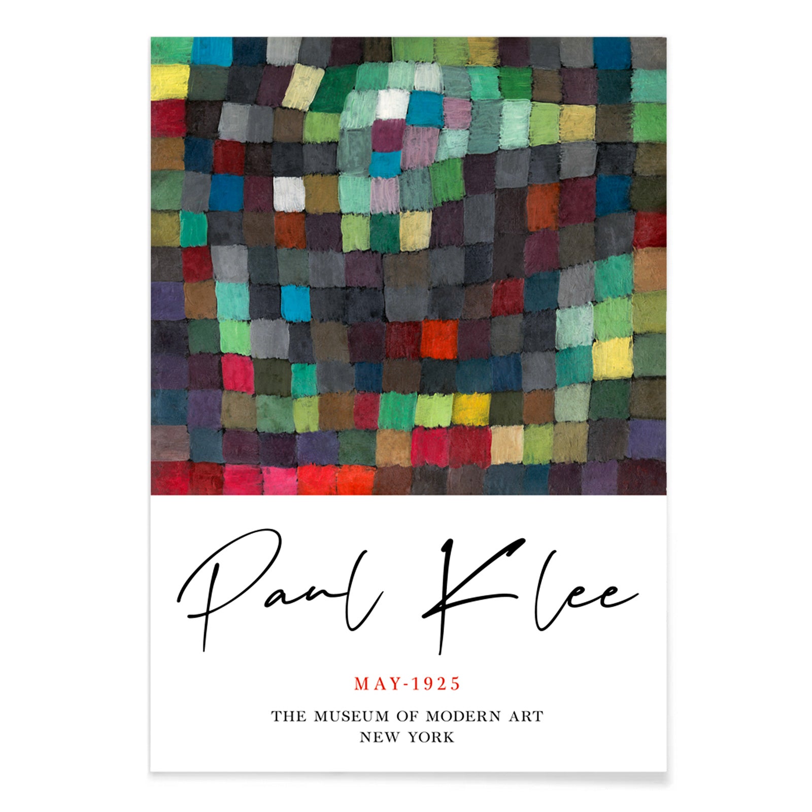 Colorful abstract squares pattern May Picture by Paul Klee poster with artist name displayed below, with black aluminium frame on white background
