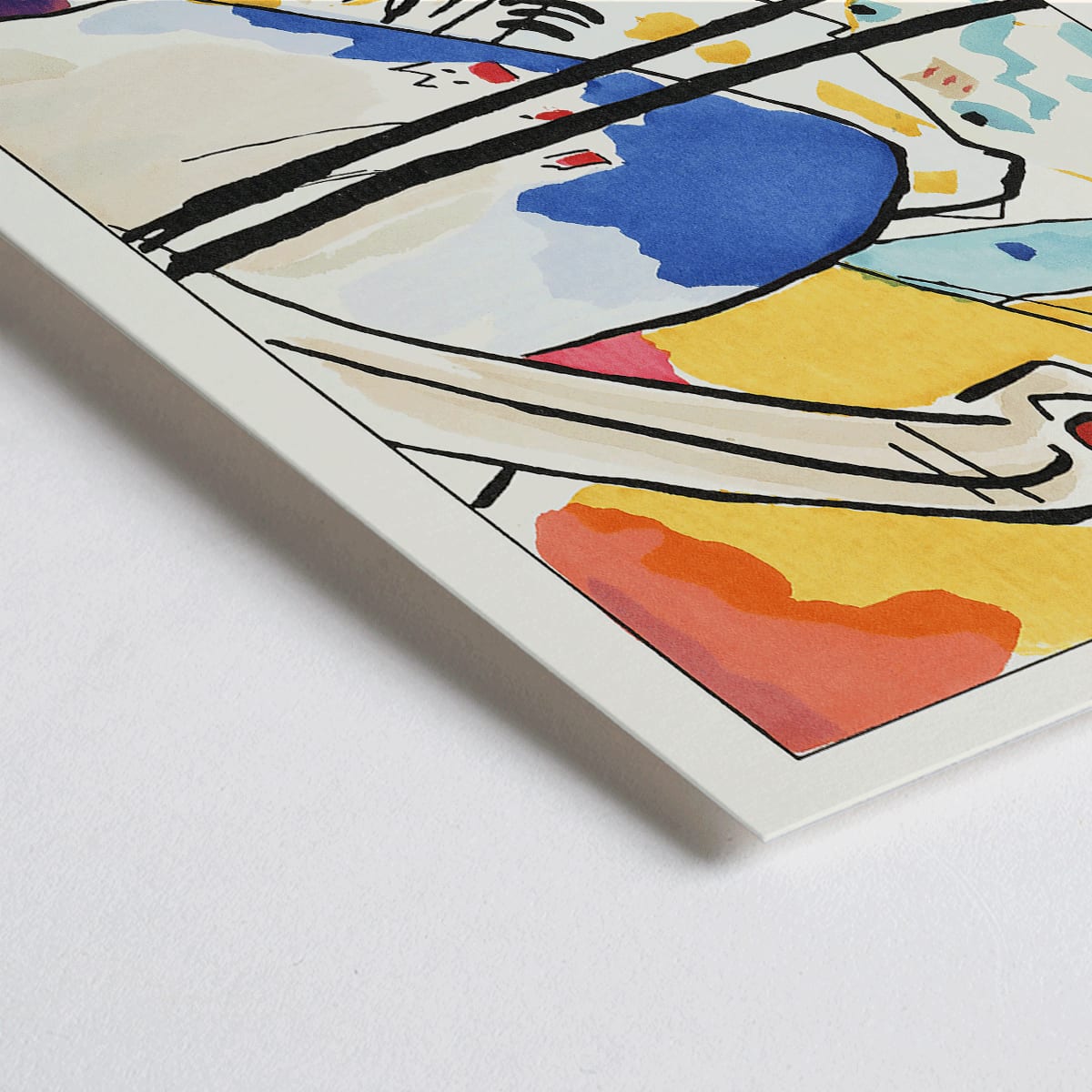 Closeup detail of Abstract art Der Blaue Reiter by Wassily Kandinsky featuring vibrant colors dynamic shapes and geometric forms