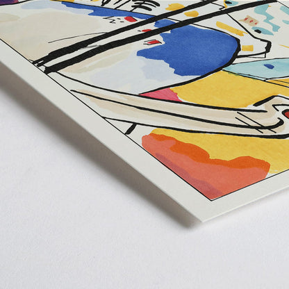 Closeup detail of Abstract art Der Blaue Reiter by Wassily Kandinsky featuring vibrant colors dynamic shapes and geometric forms