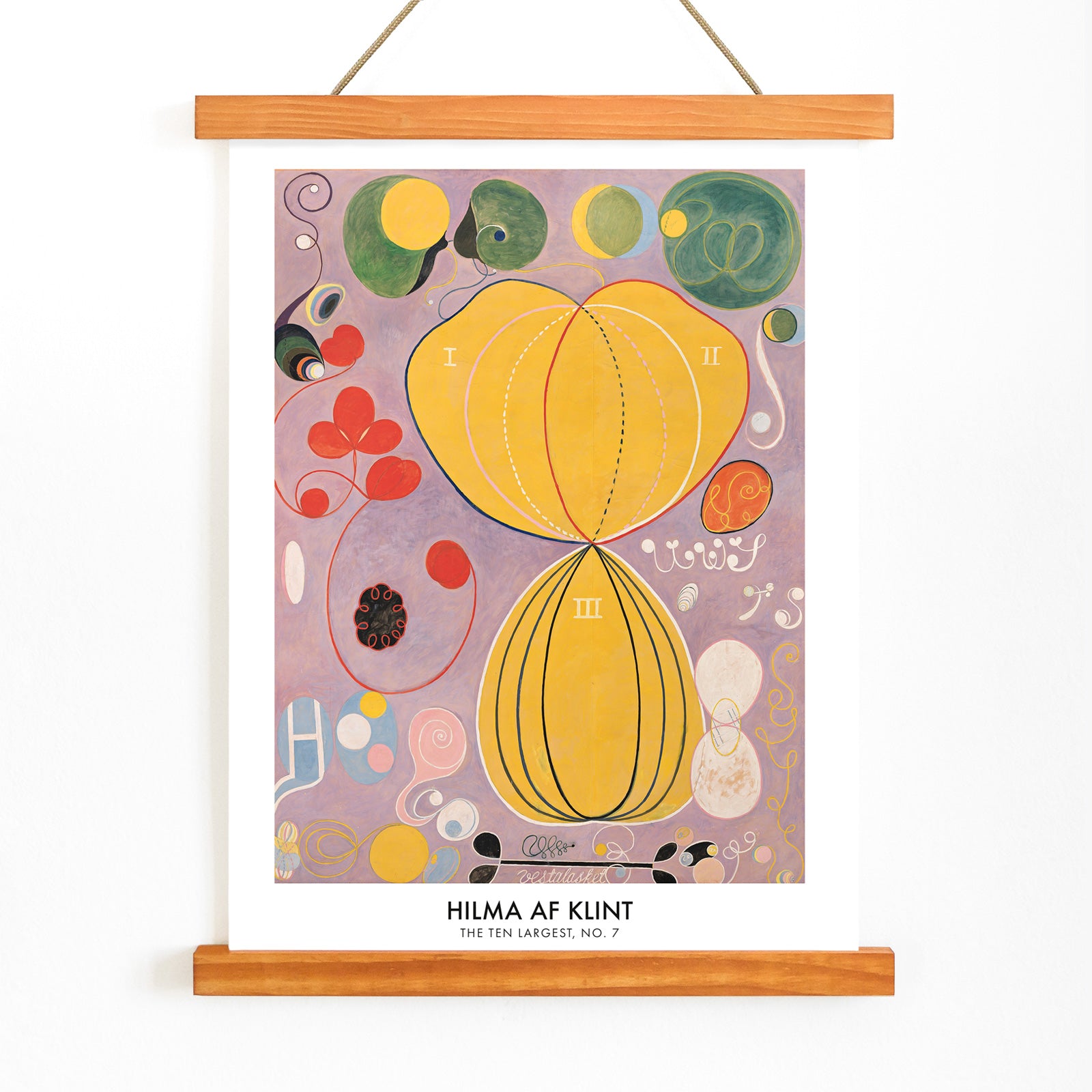Abstract botanical shapes and vibrant colors poster from The Ten Largest No 7 by Hilma AF Klint, with wooden magnetic frame on white background