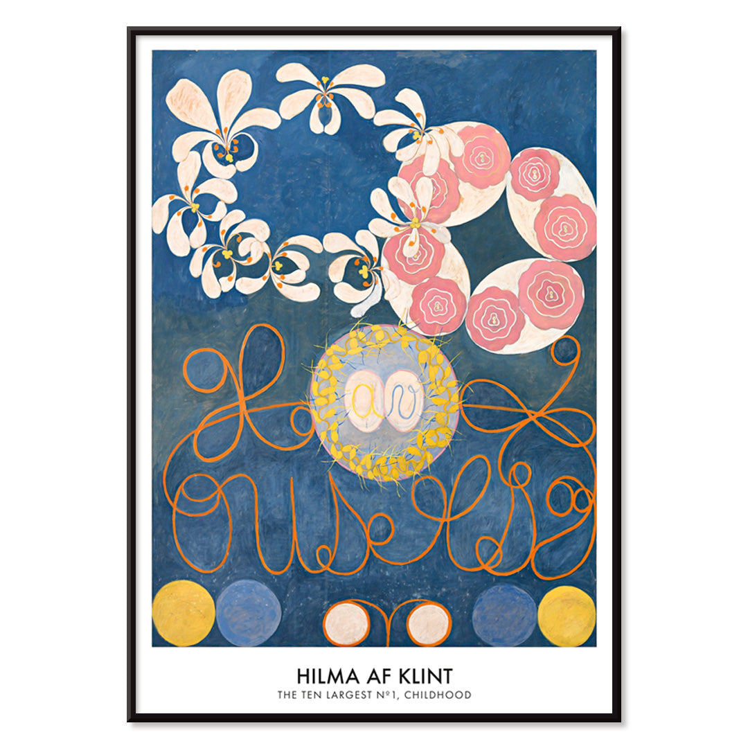 Abstract floral patterns and swirling shapes with vibrant colors on a blue background poster by Hilma af Klint Childhood Group IV, with black aluminium frame on white background