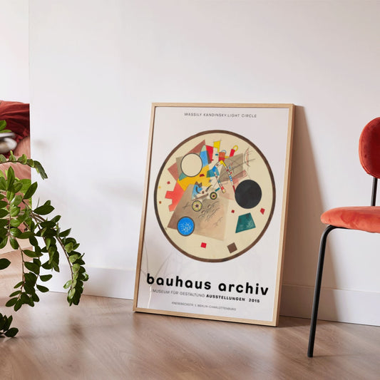 Abstract geometric artwork Light Circle by Wassily Kandinsky from Bauhaus exhibition poster displayed at Bauhaus Archiv Museum, framed and displayed in home decor