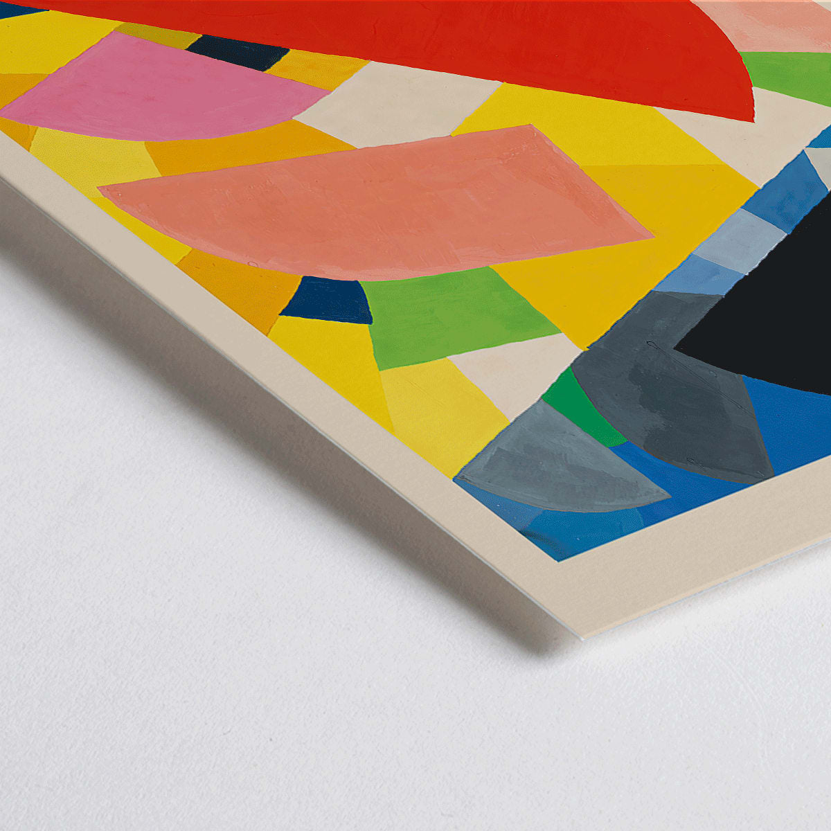 Closeup detail of Abstract geometric poster Komposition by Otto Freundlich featuring bold colorful shapes on vibrant yellow background