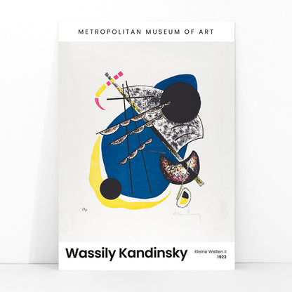 Abstract geometric art poster with bold colors blue yellow and black featuring Kleine Welten II Small Worlds II by Wassily Kandinsky, framed and displayed in modern living room decor