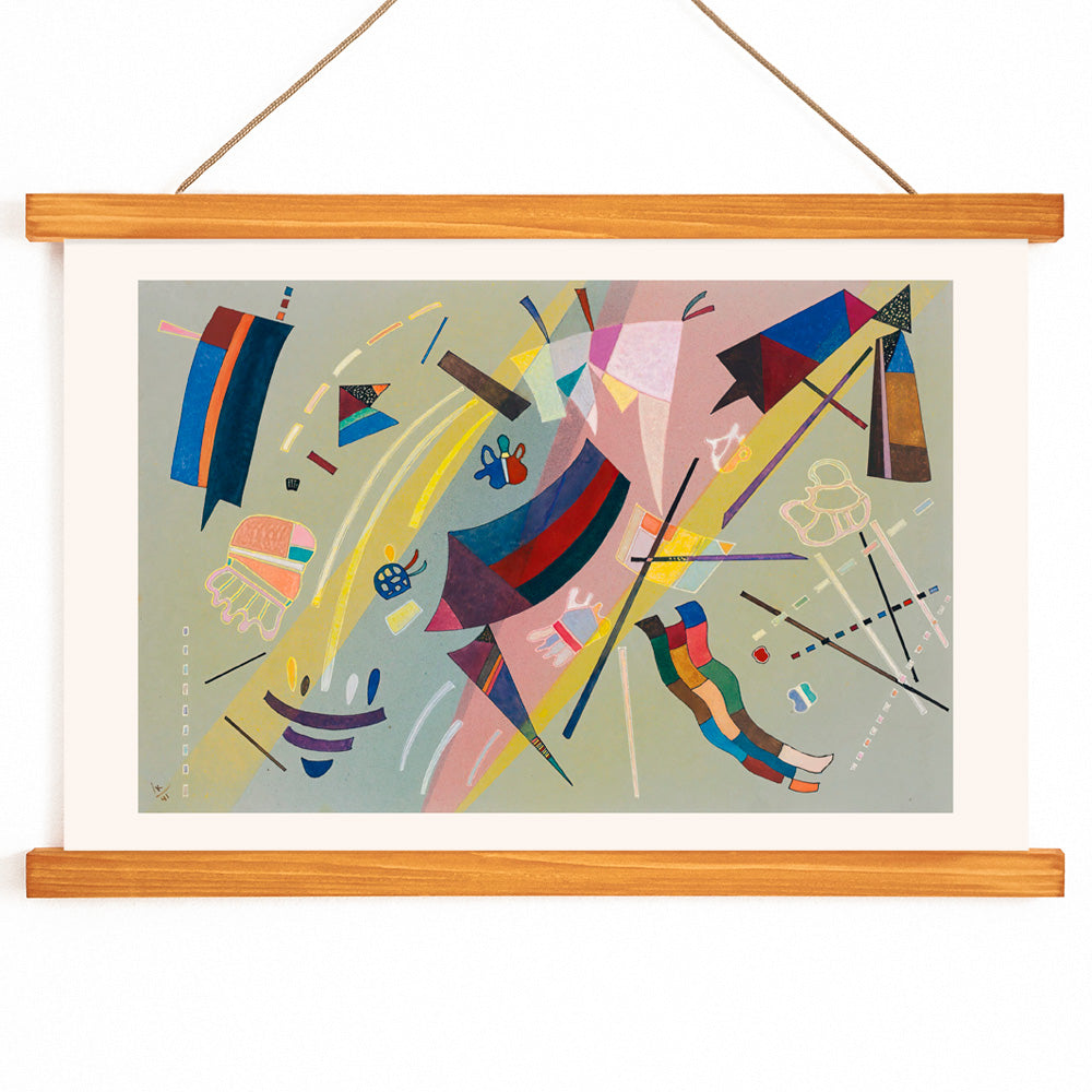 Abstract geometric shapes and vibrant colors inspired by Sans Titre by Wassily Kandinsky modern wall art decor poster, with wooden magnetic frame on white background