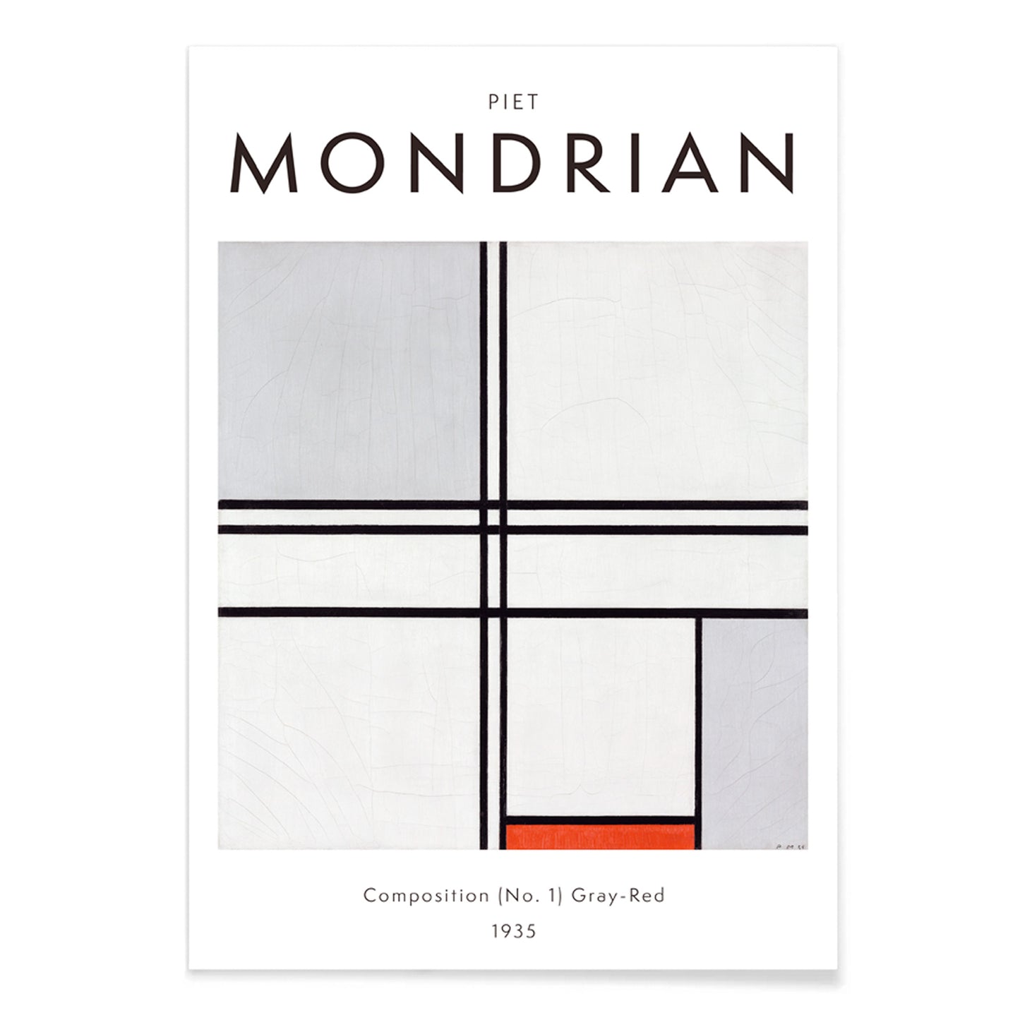 Geometric abstract artwork poster with black lines and color blocks by Piet Mondrian Composition No 1 Gray-Red, with black aluminium frame on white background