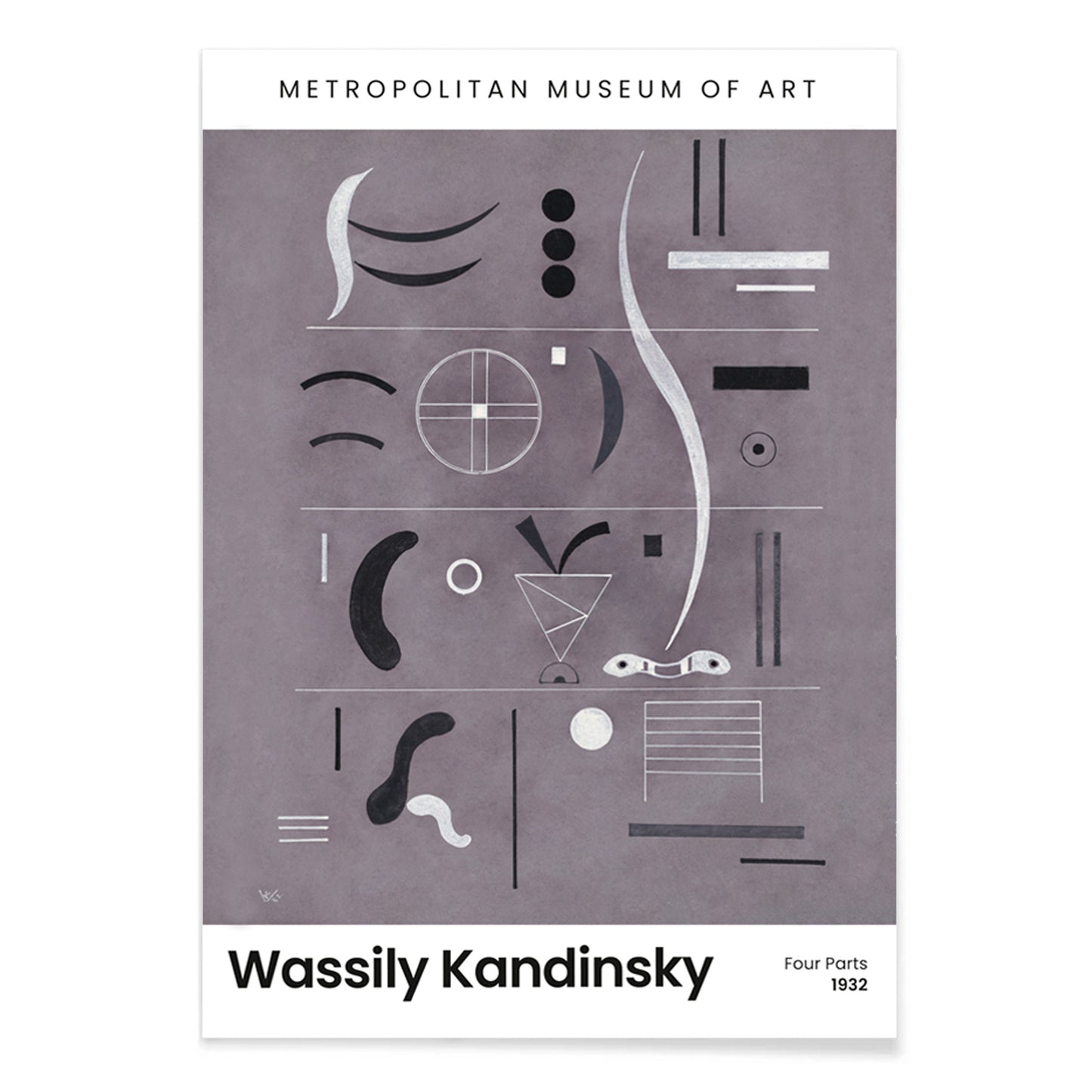 Abstract geometric art by Wassily Kandinsky from Four Parts featuring geometric shapes and lines displayed at the museum, with black aluminium frame on white background