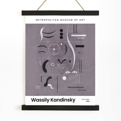 Abstract geometric art by Wassily Kandinsky from Four Parts featuring geometric shapes and lines displayed at the museum, with wooden magnetic frame on white background