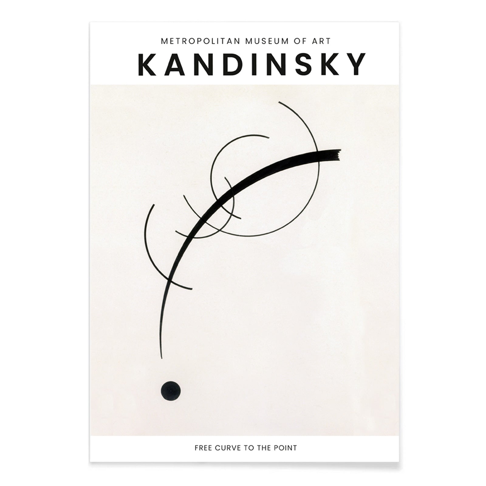 Abstract black geometric curves and circle with dot on white background poster Free Curve to the Point by Wassily Kandinsky, with black aluminium frame on white background