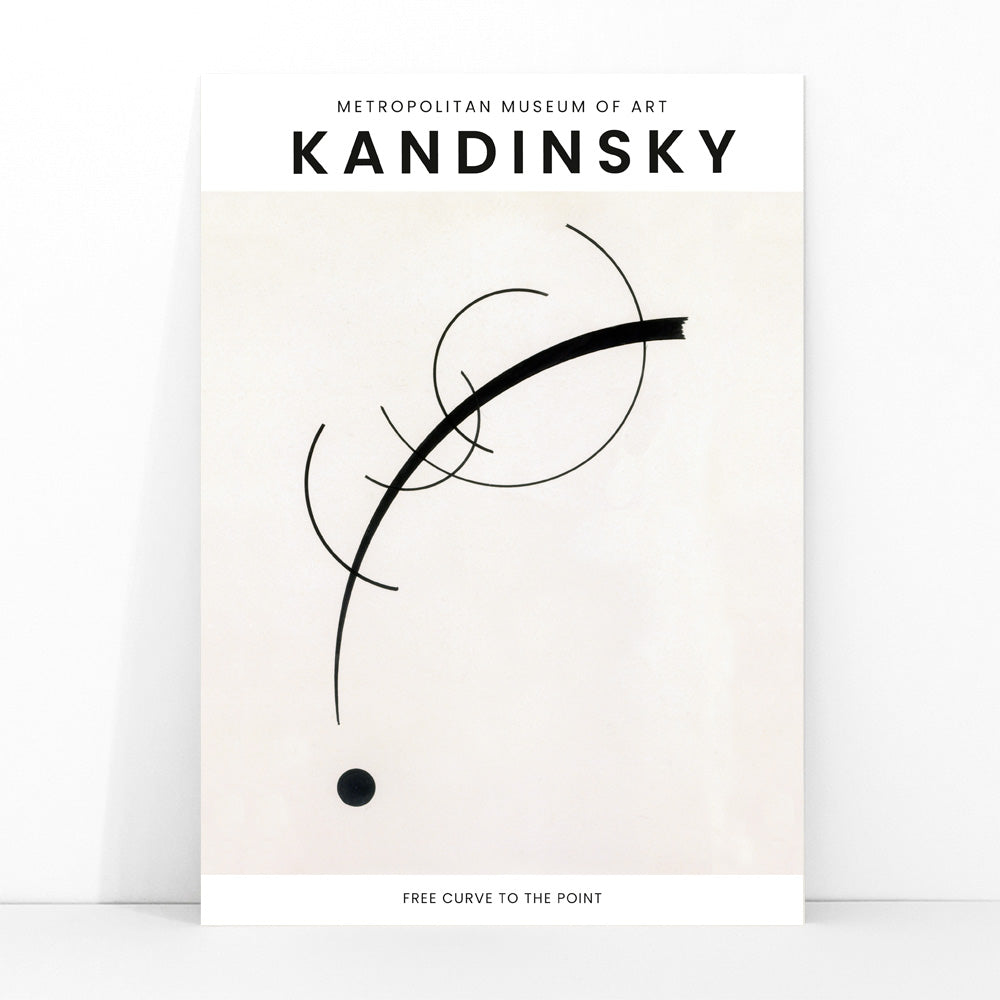 Abstract black geometric curves and circle with dot on white background poster Free Curve to the Point by Wassily Kandinsky, framed and displayed in modern living room decor