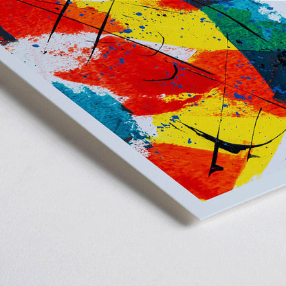 Closeup detail of Colorful abstract patchwork artwork poster with bold brush strokes splashes of red yellow and blue titled Abstract Patchwork 1 by Anonymous