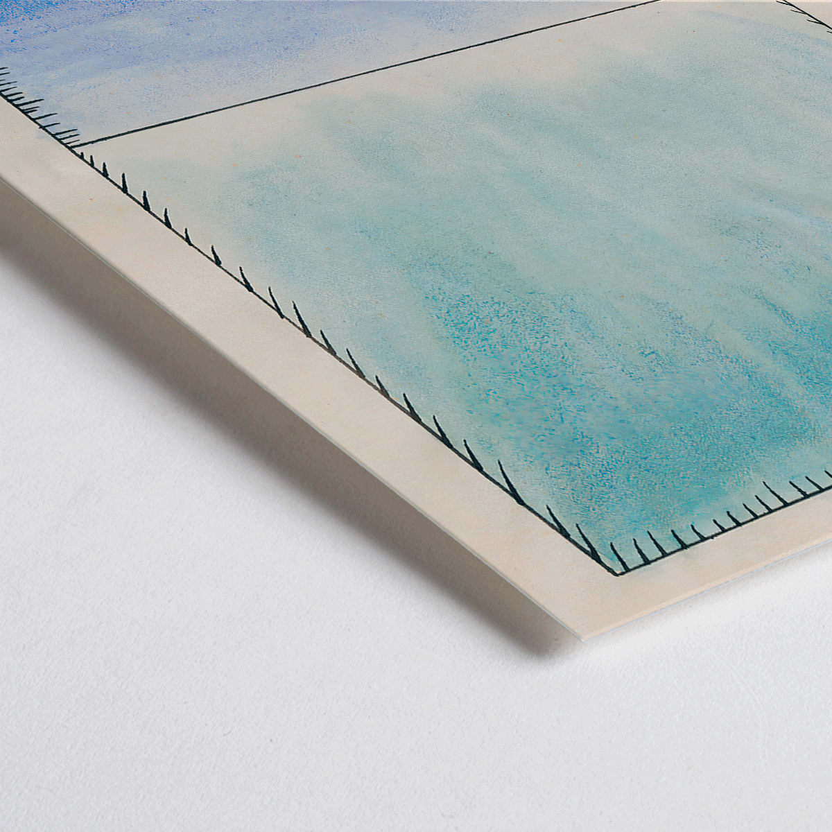 Closeup detail of Abstract blue gradient watercolor art by Karl Wiener titled Leere minimalist poster featuring abstract shapes in blue tones modern decor