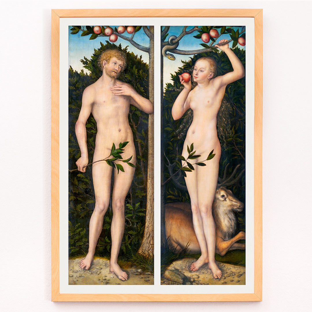 Closeup detail of Lucas Cranach Adam and Eve painting in the Garden of Eden with snake apples animals and fruit trees biblical figures
