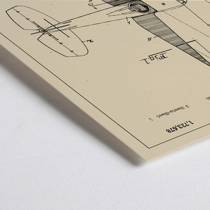 Closeup detail of Airplane patent design drawing and detailed blueprint poster by WD Clark with annotated parts and technical specifications